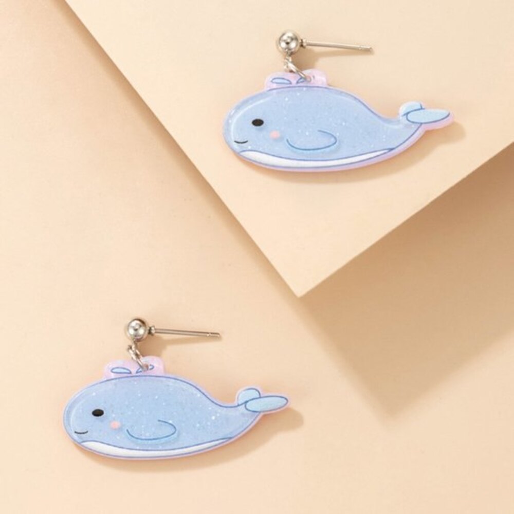 Light Blue Shimmery Cute Sea Animal Dolphin Whale Stud Earrings